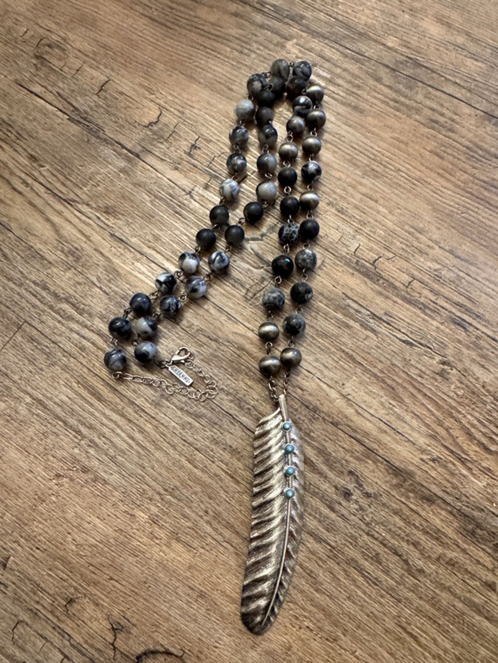 Shyanne Silver Feather Pendant Necklace - Black and Gray Beads